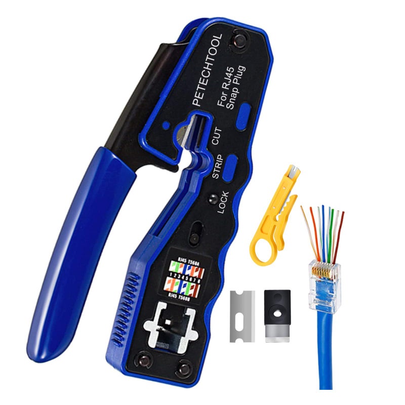 PETECHTOOL RJ45 Crimp Tool Pass Through Crimper Cutter for Cat6a Cat6 Cat5 Cat5e 8P8C Modular Connector Ethernet Crimper Tool - Image 1